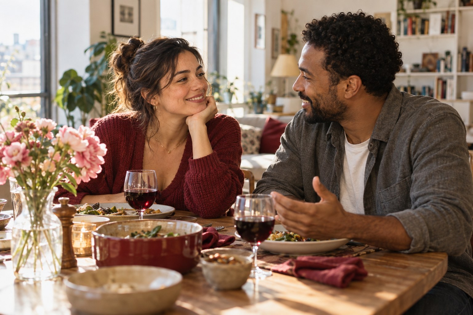A couple sharing a relaxed conversation over dinner